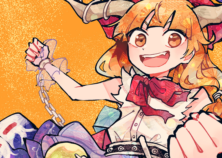 1girl :d blue_skirt bow bowtie brown_horns chain clenched_hands commentary_request cuffs horn_ornament horn_ribbon horns ibuki_suika itomugi-kun long_hair looking_at_viewer open_mouth orange_background orange_eyes orange_hair red_bow red_bowtie ribbon shackles shirt skirt smile solo teeth torn_clothes torn_sleeves touhou upper_body upper_teeth_only white_shirt