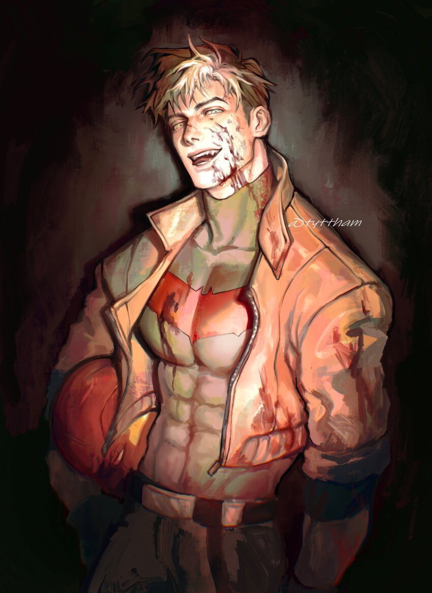 1boy absurdres batman_(series) batman_symbol black_bodysuit black_hair blue_eyes bodysuit brown_jacket dc_comics english_text gloves grey_bodysuit helmet highres holding jacket jason_todd looking_at_viewer male_focus multicolored_hair muscular muscular_male pectorals red_hood_(dc) shirt short_hair solo superhero_costume two-tone_bodysuit two-tone_hair tyt_tham white_hair