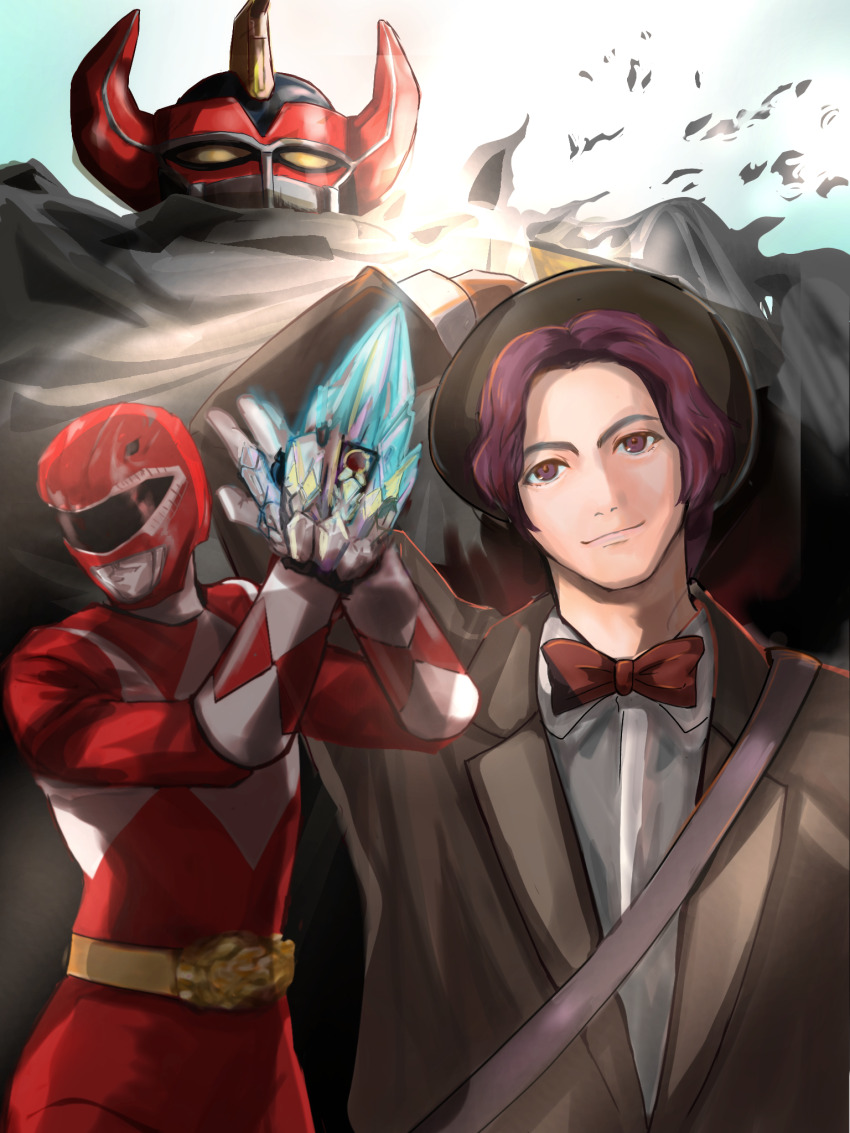 2boys bag bodysuit bow bowtie brown_cloak brown_coat brown_eyes brown_hair brown_hat clapping cloak coat collared_shirt commentary_request daizyuzin dual_persona gloves hand_on_own_hat hat helmet highres holding holding_weapon kyouryuu_sentai_zyuranger looking_at_viewer loomroomt male_focus mecha multiple_boys no.1_sentai_gozyuger oosai_meguru red_bodysuit red_bow red_bowtie red_helmet robot shirt shoulder_bag sunlight super_sentai tega_sword tokusatsu tsumega_buckle tyranno_ranger weapon white_gloves white_shirt wing_collar