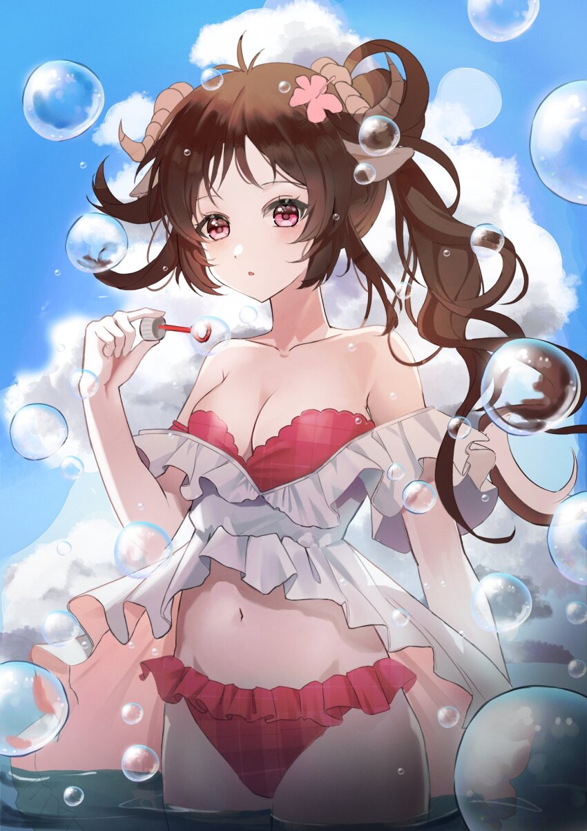 1girl animal_ears arknights bare_shoulders bikini breasts brown_hair bubble bubble_wand cleavage eyjafjalla_(arknights) eyjafjalla_(summer_flower)_(arknights) flower hair_flower hair_ornament hare_(hare_1730) highres horns long_hair looking_at_viewer navel off-shoulder_bikini off_shoulder official_alternate_costume pink_bikini pink_eyes pink_flower plaid_bikini plaid_clothes sheep_ears sheep_girl sheep_horns side_ponytail solo swimsuit swimsuit_cover-up