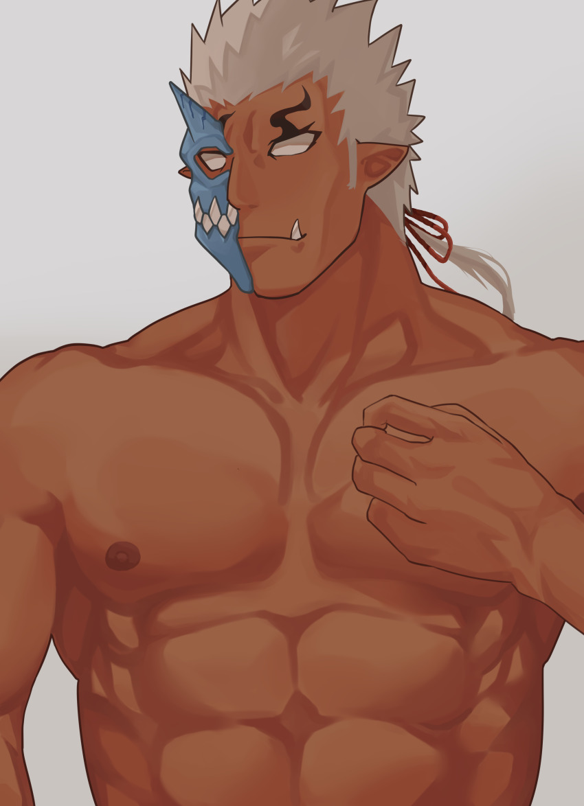 1boy absurdres bara commentary dark-skinned_male dark_skin grey_background half_mask highres horned_mask horns large_pectorals long_sideburns low_ponytail male_focus mask monster_boy muscular muscular_male nipples no_pupils no_shirt oni_mask pectorals pointy_ears ponytail shuten_douji_(housamo) sideburns single_horn solo t-ryu tokyo_houkago_summoners tusks upper_body white_hair
