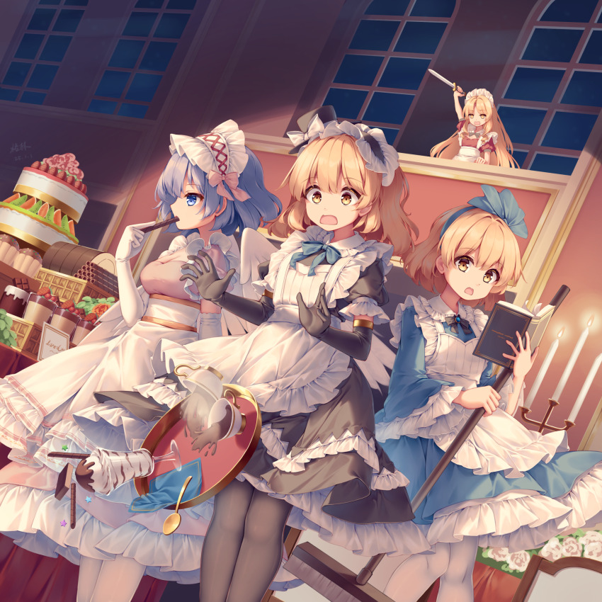 4girls alice_margatroid alice_margatroid_(pc-98) alternate_costume apron black_gloves black_pantyhose blonde_hair blue_bow blue_bowtie blue_dress blue_eyes blue_hair blue_hairband book bow bowtie breasts broom cake candle candlestand cleavage commentary_request cup dress eating elbow_gloves enmaided feathered_wings flower food food_request frilled_sleeves frills fruit gloves hairband highres holding holding_book holding_broom holding_knife indoors knife long_hair long_sleeves mai_(touhou) maid maid_apron maid_headdress mechrailgun multiple_girls open_book open_mouth pantyhose puffy_short_sleeves puffy_sleeves red_dress short_sleeves spoon strawberry teacup touhou touhou_(pc-98) tray very_long_hair white_apron white_flower white_gloves white_pantyhose white_wings wide_sleeves wings yellow_eyes yuki_(touhou) yumeko_(touhou)