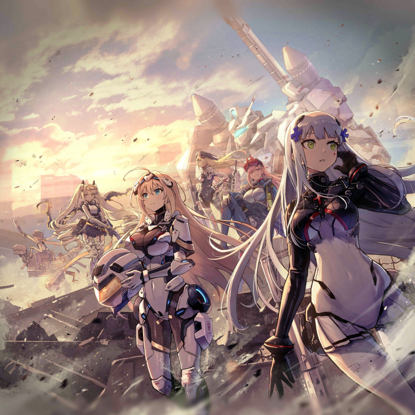 6+girls ahoge artist_request assault_rifle beta_c-mag blonde_hair blue_eyes bodysuit breasts covered_navel cross cross_patty debris desert_eagle desert_eagle_(blue_sky_garuda)_(girls&#039;_frontline) desert_eagle_(garuda_of_the_empyrean)_(girls&#039;_frontline) desert_eagle_(girls&#039;_frontline) double-drum_magazine drum_magazine f1 f1_(desert_dragon_and_poem)_(girls&#039;_frontline) f1_(desert_dragons_and_epics)_(girls&#039;_frontline) f1_(girls&#039;_frontline) facial_mark girls&#039;_frontline green_eyes gun h&amp;k_hk416 h&amp;k_mg36 hair_ornament hand_on_own_face handgun hanyang_type_88_(girls&#039;_frontline) hanyang_type_88_(white_comet_bearer_of_wishes)_(girls&#039;_frontline) hanyang_type_88_(white_comet_bearing_your_wishes)_(girls&#039;_frontline) headgear helmet high-capacity_magazine highres hk416_(girls&#039;_frontline) hk416_(midnight_evangelion)_(girls&#039;_frontline) holding holding_helmet large_breasts light_machine_gun long_hair machine_gun magazine_(weapon) mecha mg36_(black_dragon_towering_over_s09)_(girls&#039;_frontline) mg36_(blue_dragon_stands_above_sector_09)_(girls&#039;_frontline) mg36_(girls&#039;_frontline) multiple_girls official_alternate_costume official_art outdoors pilot_suit pink_hair pistol rifle robot sig_mcx sig_mcx_(crimson_meteor)_(girls&#039;_frontline) sig_mcx_(girls&#039;_frontline) sig_sauer silver_hair skin_tight submachine_gun sunset unworn_headwear unworn_helmet weapon