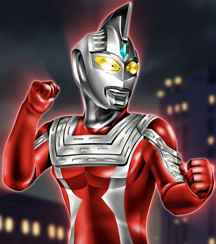 1boy alien aqua_gemstone armor blurry blurry_background breastplate building city city_lights cityscape clenched_hands colored_skin commentary crystal eye_slugger fighting_stance forehead_jewel gem giant glowing glowing_eyes hands_up hanejidyna86 highres looking_ahead male_focus multicolored_skin night night_sky outdoors pectorals red_skin silver_skin sky skyscraper solo standing tokusatsu toned toned_male twitter_username two-tone_skin ultra_series ultraman_neos_(series) ultraseven_21 upper_body wrinkled_skin yellow_eyes