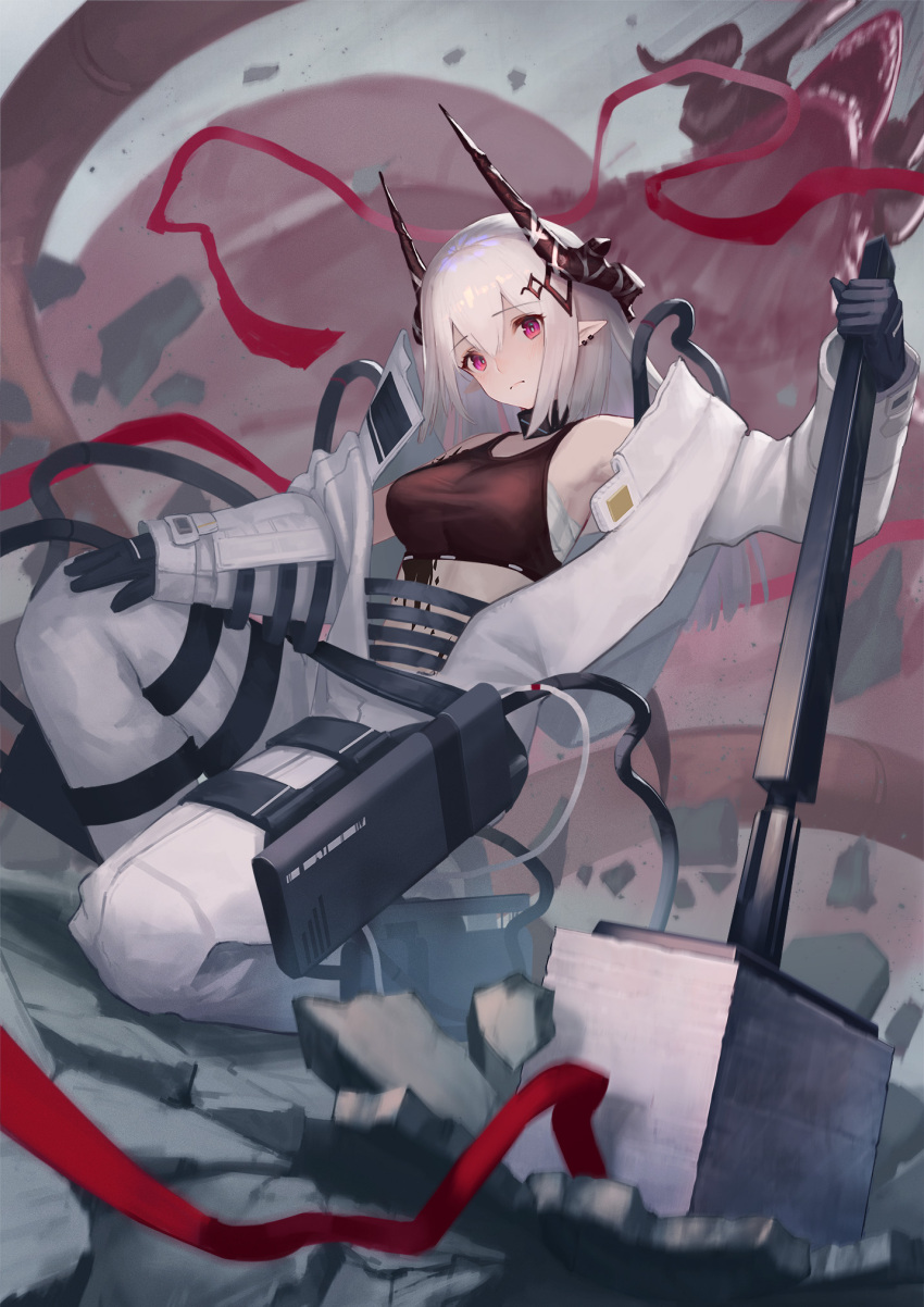 1girl arknights bare_shoulders black_gloves dress full_body gloves highres holding holding_weapon horns long_hair material_growth midriff monster mudrock_(arknights) oripathy_lesion_(arknights) red_eyes red_ribbon ribbon shigma simple_background sitting weapon white_dress white_hair