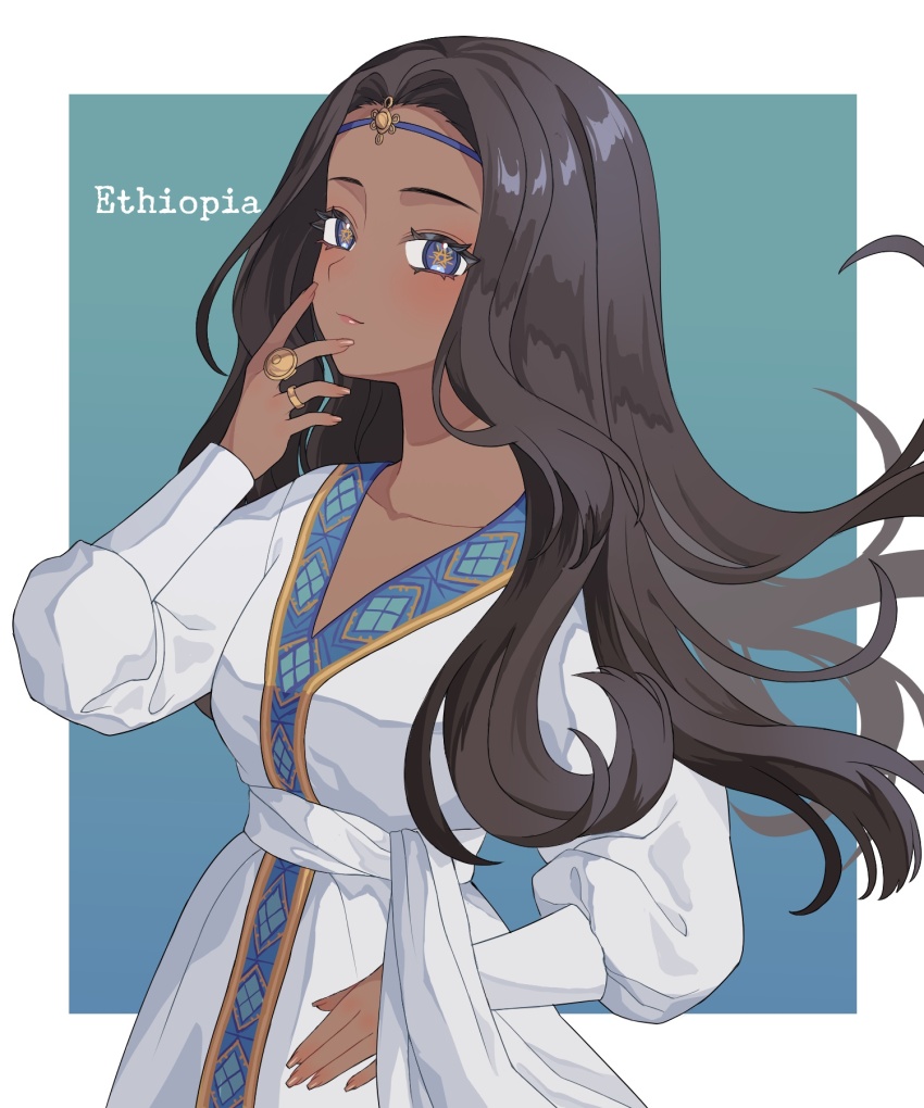 1girl blue_eyes breasts brown_hair collarbone dark-skinned_female dark_skin dress ethiopia ethiopian_clothes floating_hair highres jewelry kuroussa long_hair medium_breasts original personification ring sash solo star-shaped_pupils star_(symbol) symbol-shaped_pupils upper_body white_dress white_sash