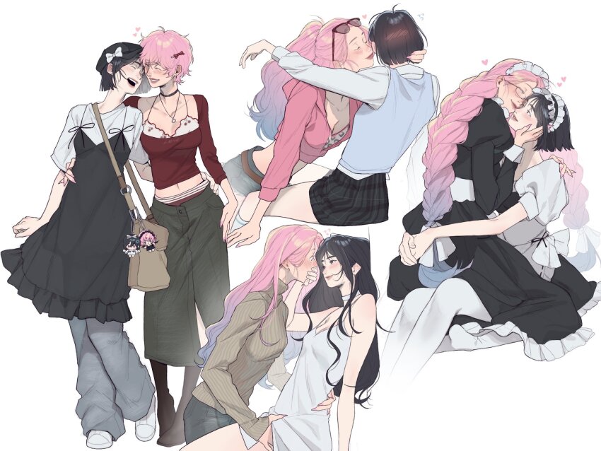 2girls alien_stage animal_ears arms_around_waist bag bare_arms black_choker black_dress black_skirt blue_hair blue_vest blush bow braid breasts brown_sweater character_doll choker cleavage closed_eyes closed_mouth commentary covering_another&#039;s_mouth cropped_hoodie denim doll dress eyewear_on_head flying_sweatdrops glasses gradient_hair grey_pants grey_skirt hair_bow hand_on_another&#039;s_face hand_on_another&#039;s_thigh hand_on_another&#039;s_waist handbag heart highres hood hoodie jeans jewelry juliet_sleeves long_hair long_sleeves looking_at_another maid maid_headdress mizi_(alien_stage) monnbr multicolored_hair multiple_girls necklace open_mouth pants parted_lips pinafore_dress pink_hair pink_hoodie pink_nails plaid_clothes plaid_skirt puffy_sleeves red_shirt shirt shoes simple_background single_braid sitting sitting_on_lap sitting_on_person skirt sleeveless sleeveless_dress smile sua_(alien_stage) sunglasses sweater symbol-only_commentary turtleneck turtleneck_sweater vest white_background white_bow white_choker white_dress white_headdress white_shirt white_shoes yuri