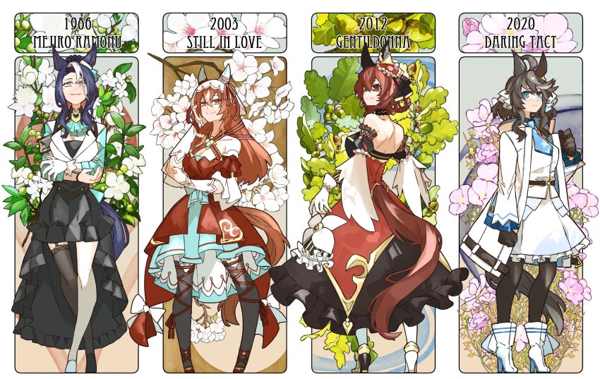 1986 2003 2012 2020 4girls animal_ears asuka_(junerabitts) black_hair blue_eyes blush breasts brown_hair character_name clenched_hands closed_mouth commentary_request daring_tact_(umamusume) ear_ornament flower full_body gentildonna_(umamusume) gloves hair_between_eyes hair_ornament highres horse_ears horse_girl looking_at_viewer mejiro_ramonu_(umamusume) mole mole_under_eye multiple_girls pantyhose red_eyes shoes smile standing still_in_love_(umamusume) thighhighs umamusume veil