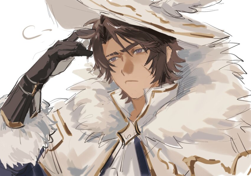1boy ascot badge black_gloves brown_hair cape closed_mouth fur_collar gloves gold_trim hand_up hat hat_feather heathcliff_(project_moon) highres limbus_company ling_zhiyun looking_to_the_side male_focus parted_bangs project_moon purple_eyes solo white_ascot white_background white_cape white_hat