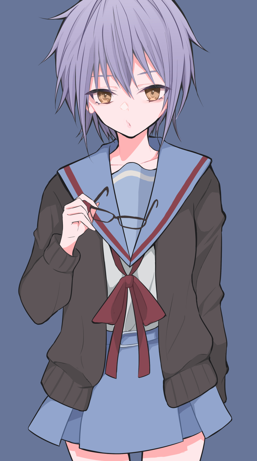 1girl absurdres blue_background blue_sailor_collar blue_skirt brown_cardigan brown_eyes cardigan collarbone eyebrows_hidden_by_hair unworn_eyewear glasses hair_between_eyes highres holding holding_removed_eyewear kapuhedo_(caplico_77) kita_high_school_uniform long_sleeves nagato_yuki open_cardigan open_clothes purple_hair red_ribbon ribbon sailor_collar school_uniform serafuku short_hair simple_background skirt solo suzumiya_haruhi_no_yuuutsu