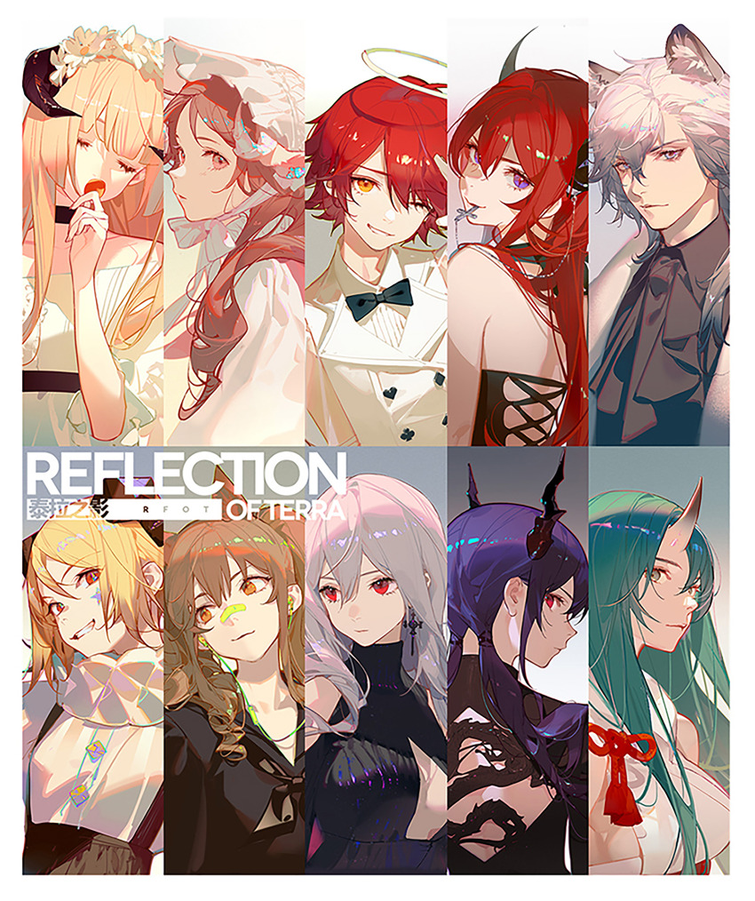 absurdres alternate_costume angelina_(arknights) animal_ears arknights ask_(askzy) blonde_hair blue_hair brown_hair ch&#039;en_(arknights) dress exusiai_(arknights) eyjafjalla_(arknights) halo highres horns hoshiguma_(arknights) ifrit_(arknights) multiple_girls nightingale_(arknights) red_hair silverash_(arknights) skadi_(arknights) surtr_(arknights)