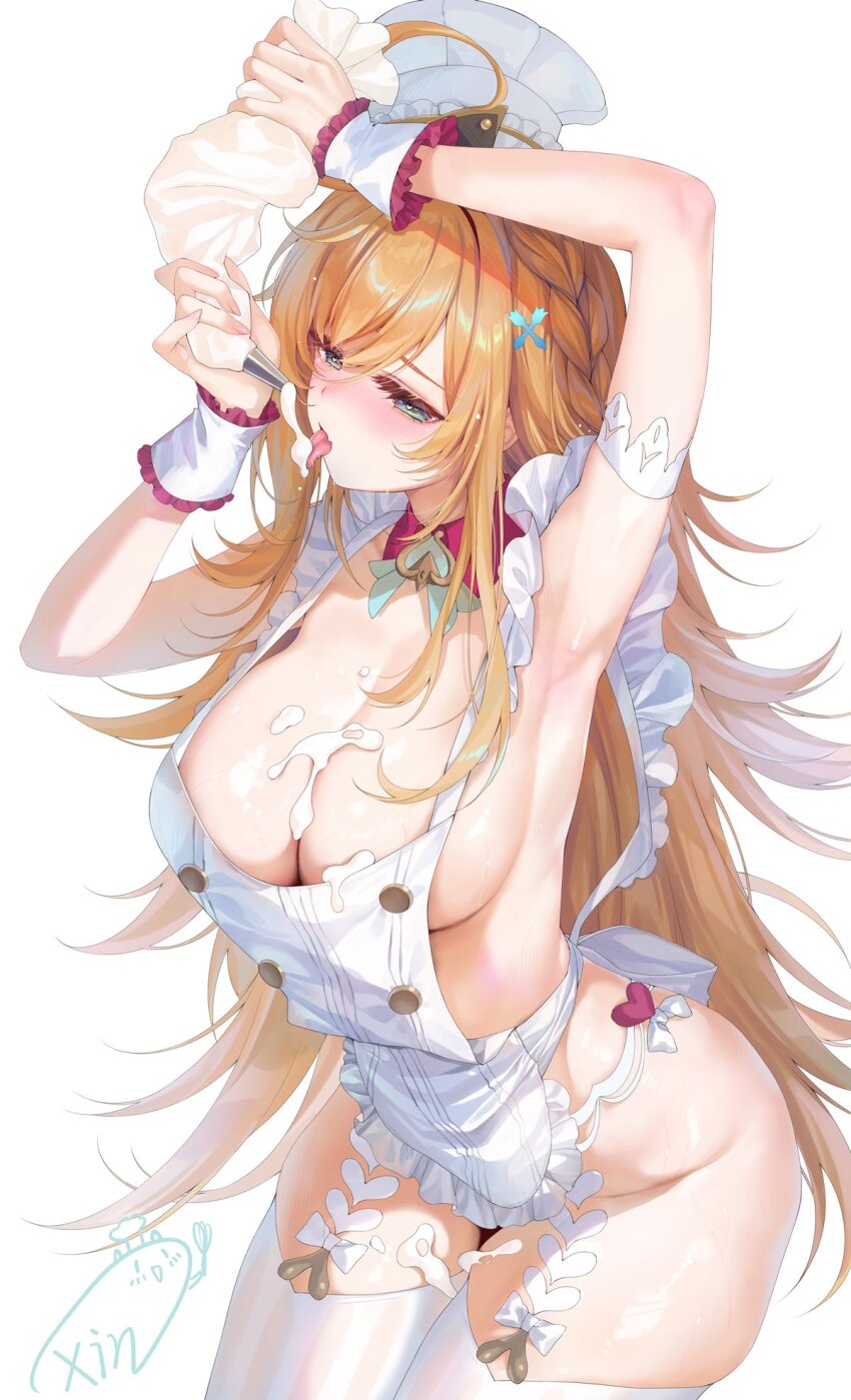 1girl apron aqua_eyes arm_up armpits artist_name blonde_hair blush braid breasts chef_hat cleavage commentary_request cowlick cream cream_on_body cream_on_breasts detached_collar escoffier_(genshin_impact) fork_hair_ornament frilled_apron frills genshin_impact hair_between_eyes hand_up hat heart heart_in_eye heart_ornament highres holding holding_pastry_bag icing large_breasts long_hair looking_ahead naked_apron pastry_bag side_braid sideboob sidelocks simple_background solo standing sweat symbol_in_eye thighhighs thighs tongue tongue_out toque_blanche very_long_hair weisuoxin white_apron white_background white_thighhighs wrist_cuffs