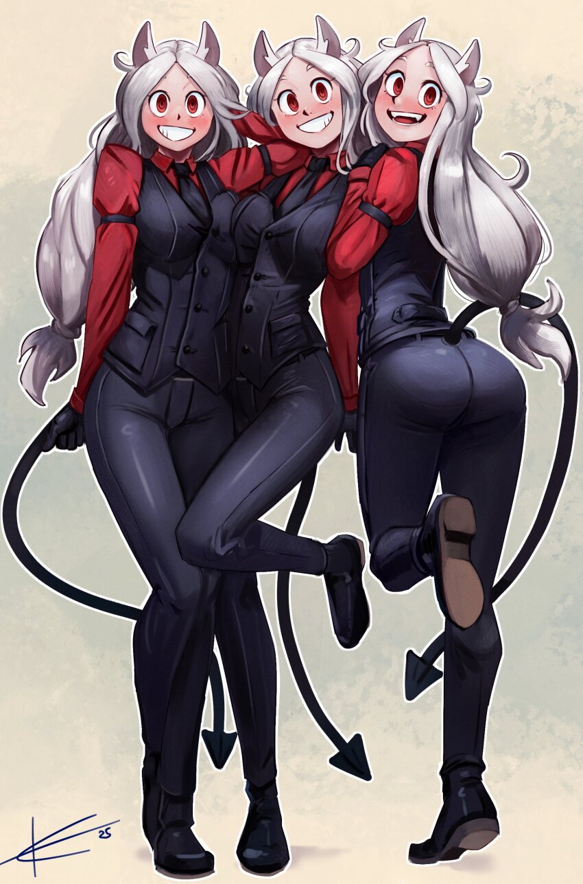 3girls absurdres animal_ears ass black_gloves black_necktie black_pants black_vest blush cerberus_(helltaker) demon demon_girl demon_tail dog_ears eltonel fangs gloves happy helltaker highres long_hair multiple_girls necktie pants red_eyes red_shirt shirt smile standing tail triplets vest white_hair