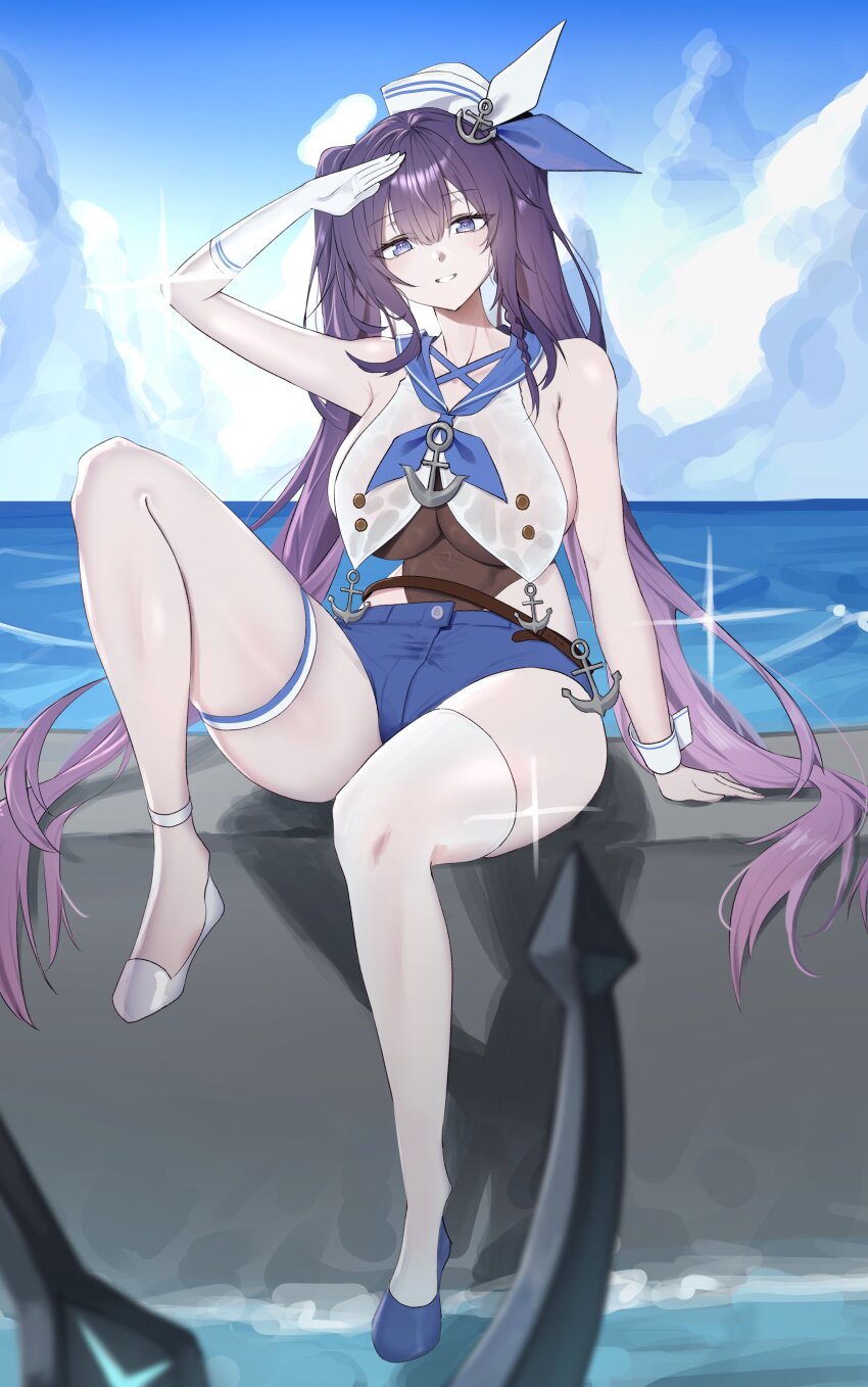 1girl absurdres anchor_hair_ornament anchor_ornament anklet armpit_crease asymmetrical_footwear asymmetrical_legwear bare_shoulders belt blue_eyes blue_ribbon blue_shoes blurry blurry_foreground borrowed_character braid breast_curtains breasts cloud cloudy_sky collarbone commentary depth_of_field elbow_gloves english_commentary full_body gloves hair_between_eyes hair_ornament hair_ribbon hat highres jewelry large_breasts long_hair looking_at_viewer mirl ocean original outdoors purple_hair ribbon sailor_collar sailor_hat salute shoes short_shorts shorts side_braid sidelocks single_braid single_elbow_glove single_wrist_cuff sitting skindentation sky smile solo thighhighs thighs twintails very_long_hair water white_gloves white_shoes white_thighhighs wrist_cuffs yuna_(biya_(1024))