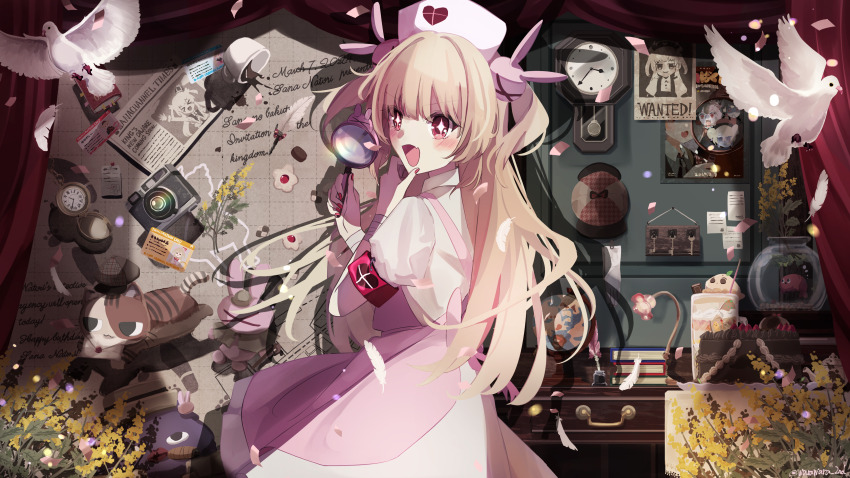 1girl :d absurdres apron bird blonde_hair book camera cat chalk_outline clock coffee commentary_request cowboy_shot cup curtains dove fang feathers from_behind globe hair_ornament hand_on_own_chin hat highres key long_hair looking_at_viewer looking_back natori_sana natori_sana_(detective_agency_head) natori_sana_(jiangshi) natori_sana_(nurse) newspaper nurse_cap ogiwara_(warawara_2nd) open_mouth pink_apron pink_hat rabbit_hair_ornament red_eyes saana-kun sana_channel smile solo standing two_side_up virtual_youtuber wall_clock wanted_poster