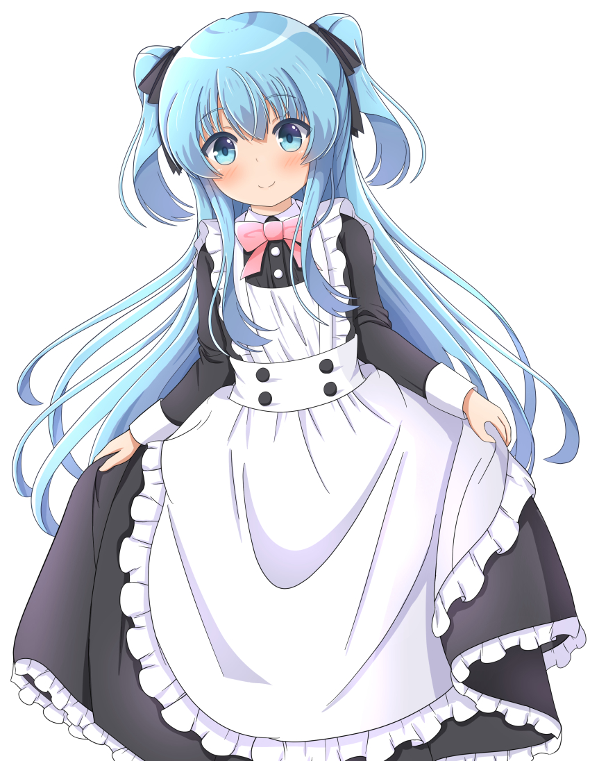 1girl absurdres alternate_costume apron black_dress black_ribbon blue_eyes blue_hair blush bow bowtie closed_mouth comiket_104 commentary_request cowboy_shot dress frilled_apron frilled_dress frills hair_ribbon highres long_hair long_sleeves looking_at_viewer maid noel_(sora_no_method) pink_bow pink_bowtie ribbon sidelocks simple_background skirt_hold smile solo sora_no_method stargazer_hope two_side_up very_long_hair white_apron white_background