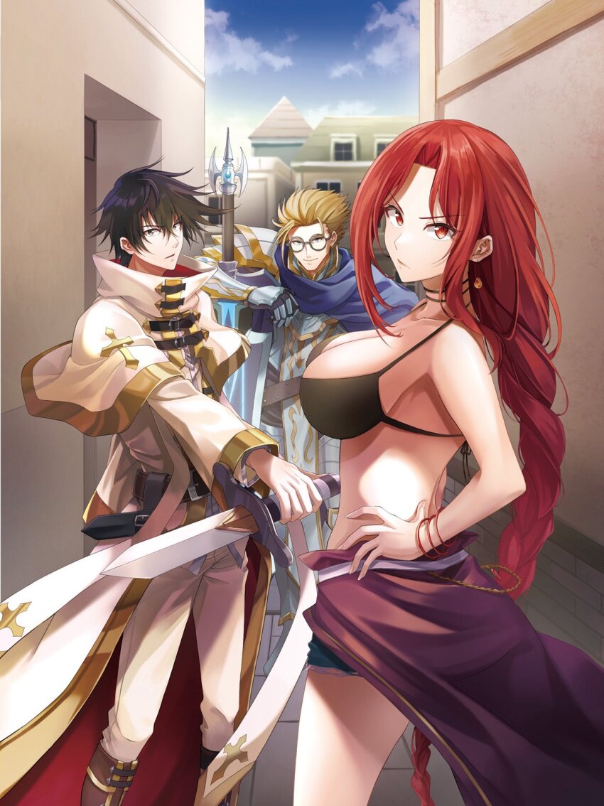 1girl 2boys armor black_bra black_eyes black_hair blonde_hair blue_sky boots bra braid braided_ponytail breastplate breasts cape capelet cleavage cloud comic_cover curtained_hair gauntlets glasses greatsword grey_eyes hand_on_own_hip highres holding holding_knife holding_sword holding_weapon house knee_boots knife large_breasts laust long_hair looking_back multiple_boys narumi_miwa official_art pants party_kara_tsuihousareta_sono_chiyushi_jitsu_wa_saikyou_ni_tsuki pauldrons ralma red_eyes red_hair ronaldo_(party_kara_tsuihousareta_sono_chiyushi) sarong second-party_source short_hair shorts shoulder_armor sideboob sky smile sword underwear v-shaped_eyebrows weapon