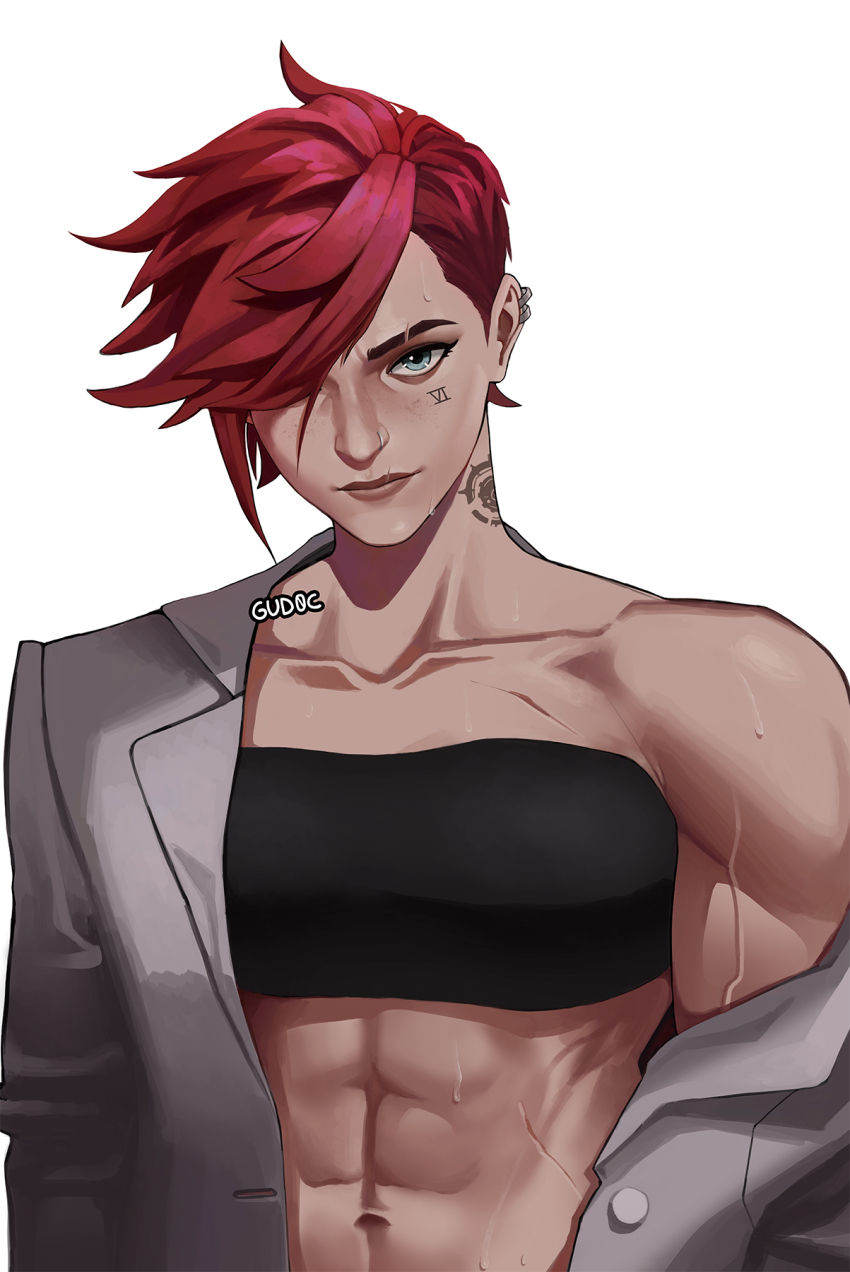 1girl abs arcane:_league_of_legends arcane_vi artist_name asymmetrical_hair blue_eyes cloud_tattoo facial_tattoo gud0c highres jacket jacket_partially_removed league_of_legends muscular muscular_female nose_piercing piercing pink_hair red_hair short_hair sidecut simple_background tattoo undercut vi_(league_of_legends) white_background white_jacket