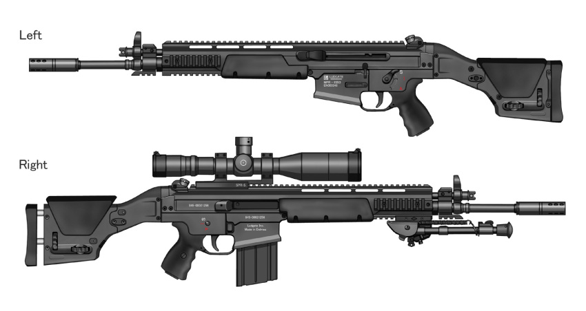 battle_rifle bipod english_text from_side gun highres magazine_(weapon) markings monochrome multiple_views muzzle_device no_humans original rifle scope simple_background spot_color still_life stolas_(lemegeton) variations weapon weapon_focus white_background