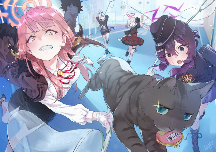 4girls arms_behind_head aru_(blue_archive) black_headwear black_hoodie black_shirt black_skirt blue_archive blurry boots breasts cat clenched_teeth closed_eyes coat coat_on_shoulders collared_shirt commentary_request depth_of_field foreshortening frilled_skirt frills fur-trimmed_coat fur_trim garrison_cap gloves hair_between_eyes halo hand_net haruka_(blue_archive) hat highres holding hood hoodie kayoko_(blue_archive) large_breasts long_hair long_sleeves looking_at_animal multiple_girls mutsuki_(blue_archive) open_clothes open_coat open_mouth orange_eyes outdoors pencil_skirt pink_hair pink_halo pleated_skirt problem_solver_68_(blue_archive) purple_coat purple_eyes purple_hair purple_halo purple_shirt purple_skirt red_halo red_ribbon red_skirt ribbon road shirt skirt smile standing standing_on_one_leg sweat tearing_up teeth torokko white_gloves white_hair white_shirt