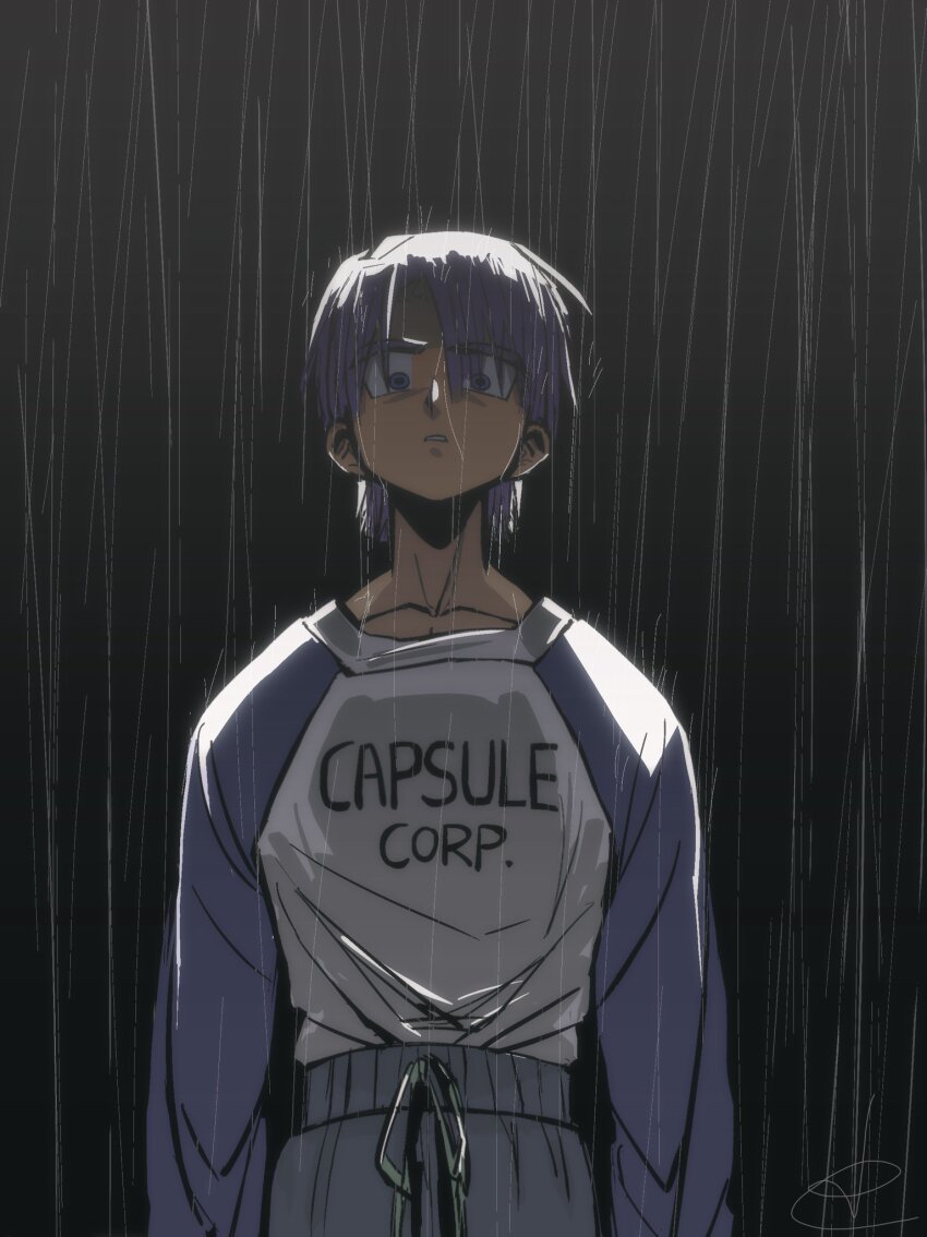 1boy blue_eyes collarbone cowboy_shot dragon_ball dragonball_z dragoncrest grey_background highres male_focus purple_hair rain shirt solo trunks_(dragon_ball) trunks_(future)_(dragon_ball) white_shirt