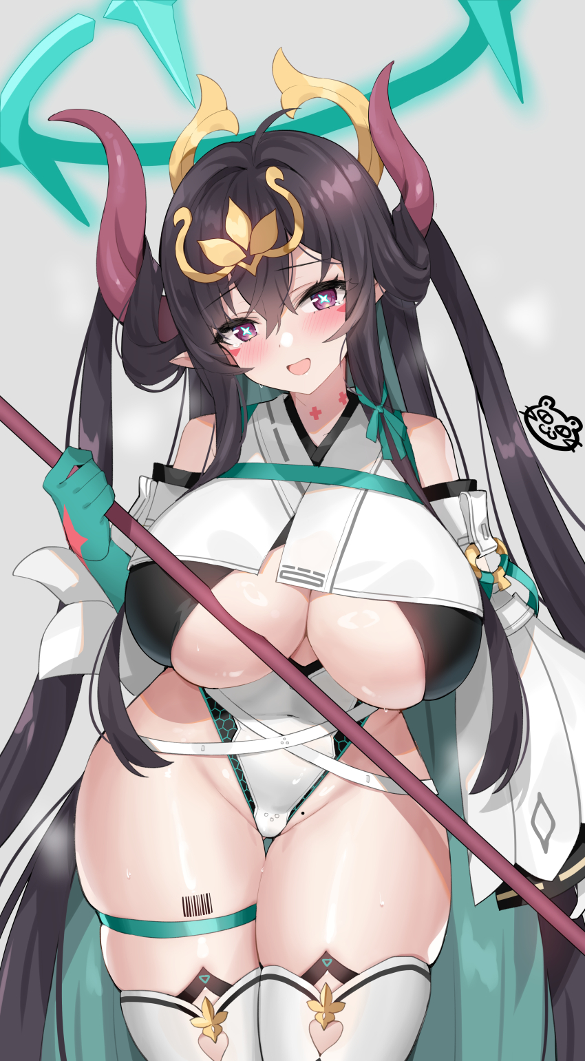 1girl :d absurdres artist_logo barcode barcode_tattoo black_hair blush breasts bright_pupils cleavage colored_inner_hair covered_navel demiurge_delta_(outerplane) detached_sleeves dress facial_mark green_hair green_halo green_hands grey_background hair_between_eyes hair_on_horn hair_ribbon halo headpiece hexagon_print highleg highleg_leotard highres holding holding_stick horns large_breasts leotard logo long_hair looking_at_viewer mole mole_on_crotch multicolored_hair open_mouth outerplane pointy_ears purple_eyes ribbon serin199 sidelocks smile solo standing stick symbol-shaped_pupils tattoo thigh_strap thighhighs thighs underboob very_long_hair white_dress white_thighhighs wide_sleeves x-shaped_pupils