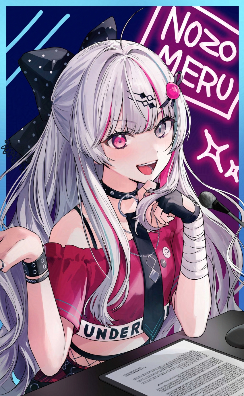 1girl absurdres bandages blunt_bangs collar commentary_request cropped_shirt grey_eyes grey_hair hair_ornament hair_ribbon hairpin heterochromia highres ishigami_nozomi ishigami_nozomi_(1st_costume) looking_at_viewer nijisanji o-ring open_mouth pink_eyes pink_hair pink_shirt ribbon shirt solo teeth tone_haruma virtual_youtuber