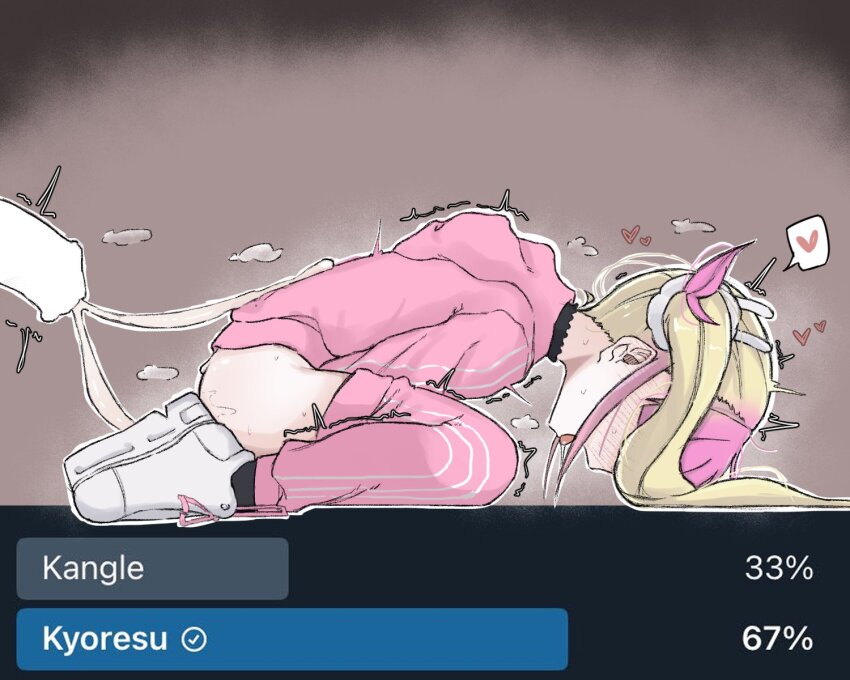 1girl aftersex animal_penis ass blank_censor blonde_hair brown_background censored commission cum cum_string heart highres hood hoodie horse_penis indie_virtual_youtuber jacket kyoresu long_hair pants penis poll second-party_source simple_background tongue tongue_out track_jacket track_pants track_suit twintails virtual_youtuber zlix0n