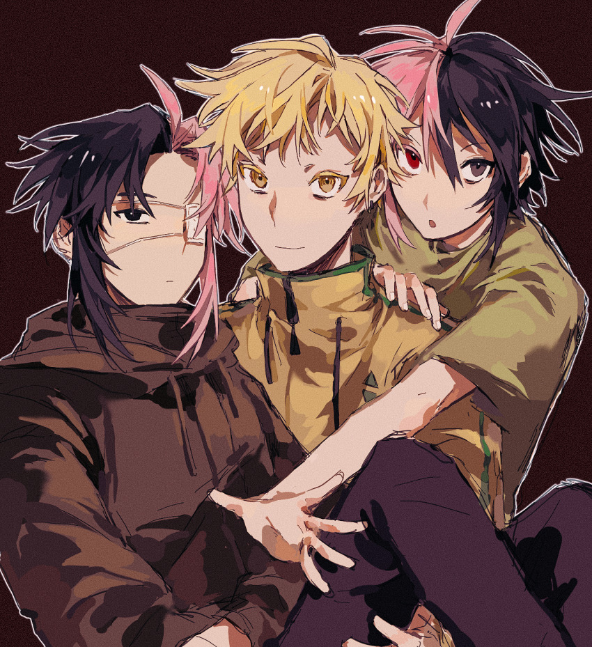 3boys ahoge antenna_hair black_eyes black_hair black_pants blonde_hair brown_background brown_jacket carrying carrying_person chinese_commentary closed_mouth colored_eyelashes commentary_request drawstring expressionless eyepatch film_grain green_shirt hair_between_eyes haruno_shion highres hood hood_down hooded_jacket jacket lei_renqun_xing_shanyao_shi long_sleeves male_focus medical_eyepatch multicolored_hair multiple_boys mutsushika_misumi nanami_izu open_mouth outline pants pink_hair red_eyes saibou_shinkyoku shirt short_hair short_sleeves simple_background smile split-color_hair two-tone_hair white_outline yellow_eyes yellow_jacket