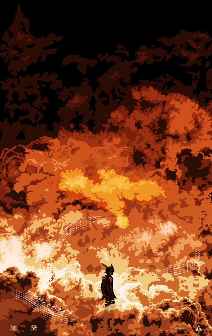 1boy arknights black_hair black_jacket black_pants black_suit ebenholz_(arknights) epaulettes explosion fire formal_clothes goat_boy goat_horns gribberoni highres horns jacket long_hair long_sleeves male_focus movie_poster movie_reference musical_note oppenheimer_(movie) pants shirt smoke solo standing suit textless_version white_shirt