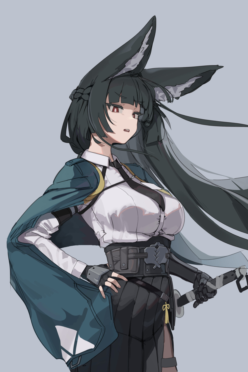 1girl absurdres animal_ears black_gloves black_hair black_pantyhose blunt_bangs braid breasts commentary english_commentary fingerless_gloves fox_ears frown gloves grey_background gya_rb hand_on_own_hip highres holding holding_sword holding_weapon hoshimi_miyabi katana large_breasts long_hair necktie open_mouth pantyhose pleated_skirt red_eyes sheath sheathed simple_background skirt solo sword teeth variant_set weapon zenless_zone_zero