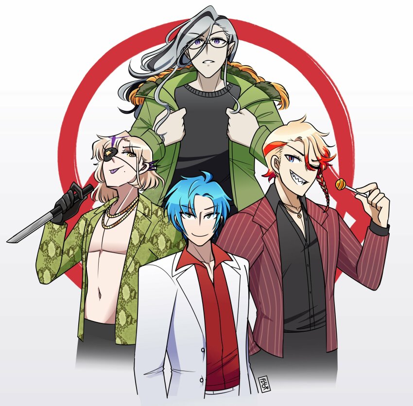 4boys akiyama_shun akiyama_shun_(cosplay) axel_syrios black_hair blonde_hair blue_hair candy cosplay eyepatch fluorart food glasses grey_hair grin highres holding holding_candy holding_food holding_lollipop holostars holostars_english holotempus kiryu_kazuma kiryu_kazuma_(cosplay) lollipop long_hair looking_at_viewer magni_dezmond majima_goro_(cosplay) majima_goro male_focus multicolored_hair multiple_boys noir_vesper one_eye_closed pointy_ears purple_eyes red_hair red_shirt regis_altare ryuu_ga_gotoku_(series) saejima_taiga saejima_taiga_(cosplay) shirt short_hair smile streaked_hair tongue tongue_out virtual_youtuber