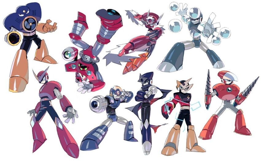 6+boys air_man android arm_cannon armor black_pants crash_man crystal_man drill ekawa_kanako elec_man electricity eye_mask flash_man gravity_man humanoid_robot male_focus mega_man_(classic) mega_man_(series) metal_man multiple_boys ninja orange_armor pants quick_man red_armor red_shirt robot saw scarf shadow_man_(mega_man) shirt smirk weapon
