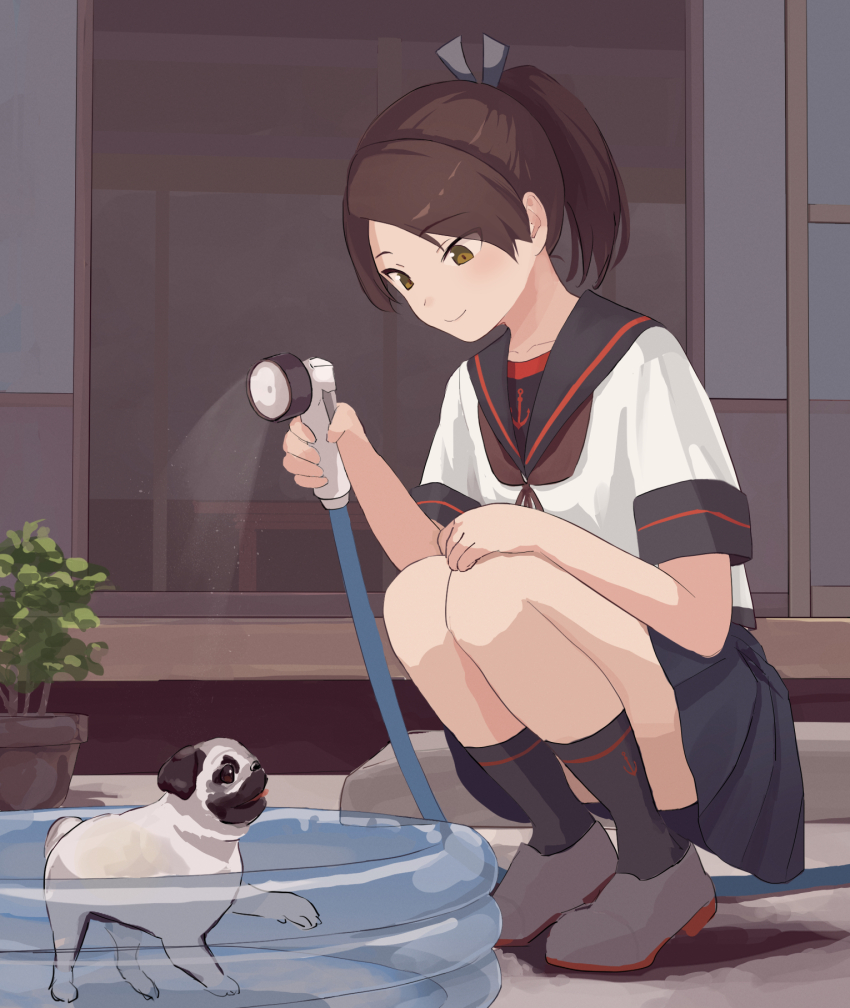 1girl black_sailor_collar black_skirt breasts brown_eyes brown_hair brown_neckerchief commission dog highres hose kantai_collection medium_breasts neckerchief pixiv_commission pleated_skirt pug sailor_collar sailor_shirt shikinami_(kancolle) shikinami_kai_ni_(kancolle) shirt short_sleeves shower_head skirt squatting wading_pool yuu+