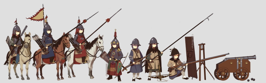 6+girls antique_firearm armor arquebus arrow_(projectile) bow_(weapon) brigandine_(armor) cannon carriage cavalry chinese_armor chinese_clothes chinese_empire fangdan_runiu firearm firelock flag full_armor grey_background gun handcannon helmet highres holding holding_polearm holding_weapon horseback_riding jitome lamellar_armor matchlock ming_dynasty multiple_girls original polearm quiver riding saddle saddle_blanket sheath sheathed shield simple_background spear stirrups_(riding) surcoat sword tassel weapon