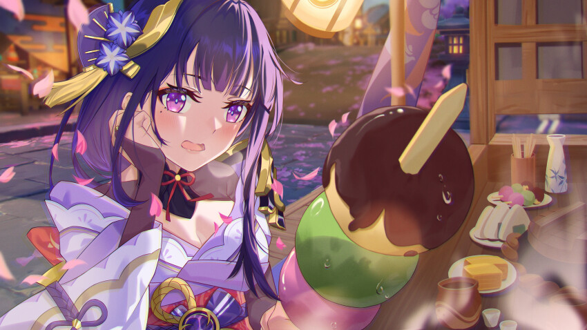 1girl absurdres armor back_bow blue_pupils blunt_bangs blurry blurry_background blush bow breasts bridal_gauntlets cherry_blossoms cleavage clothing_cutout commentary_request dango embarrassed falling_petals fan_hair_ornament flower flower_ornament food genshin_impact gradient_hair hair_ornament hand_on_own_cheek hand_on_own_face highres japanese_clothes large_breasts long_hair long_sleeves looking_at_viewer looking_to_the_side mole mole_under_eye multicolored_hair neck_ribbon off_shoulder open_mouth petals pink_petals pov purple_eyes purple_flower raiden_shogun red_ribbon red_sash ribbon sash shade shoulder_armor shoulder_cutout solo steaming_food tu_pao_diao_yu_shao upper_body wagashi wide_sleeves