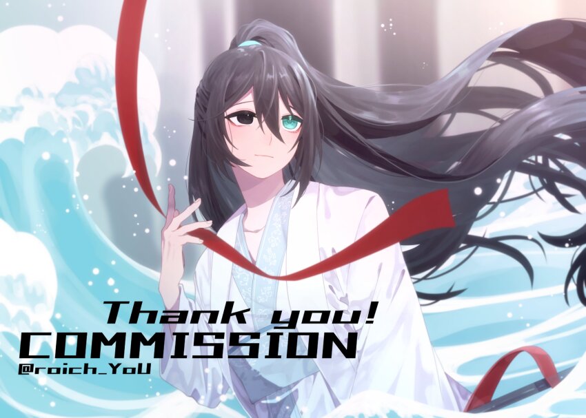 1boy black_eyes black_hair blue_eyes chinese_clothes closed_mouth commission floating_hair hanfu high_ponytail highres holding hong_lu_(project_moon) limbus_company long_hair looking_to_the_side male_focus pmchell_04 ponytail project_moon simple_background smile solo splashing very_long_hair waves