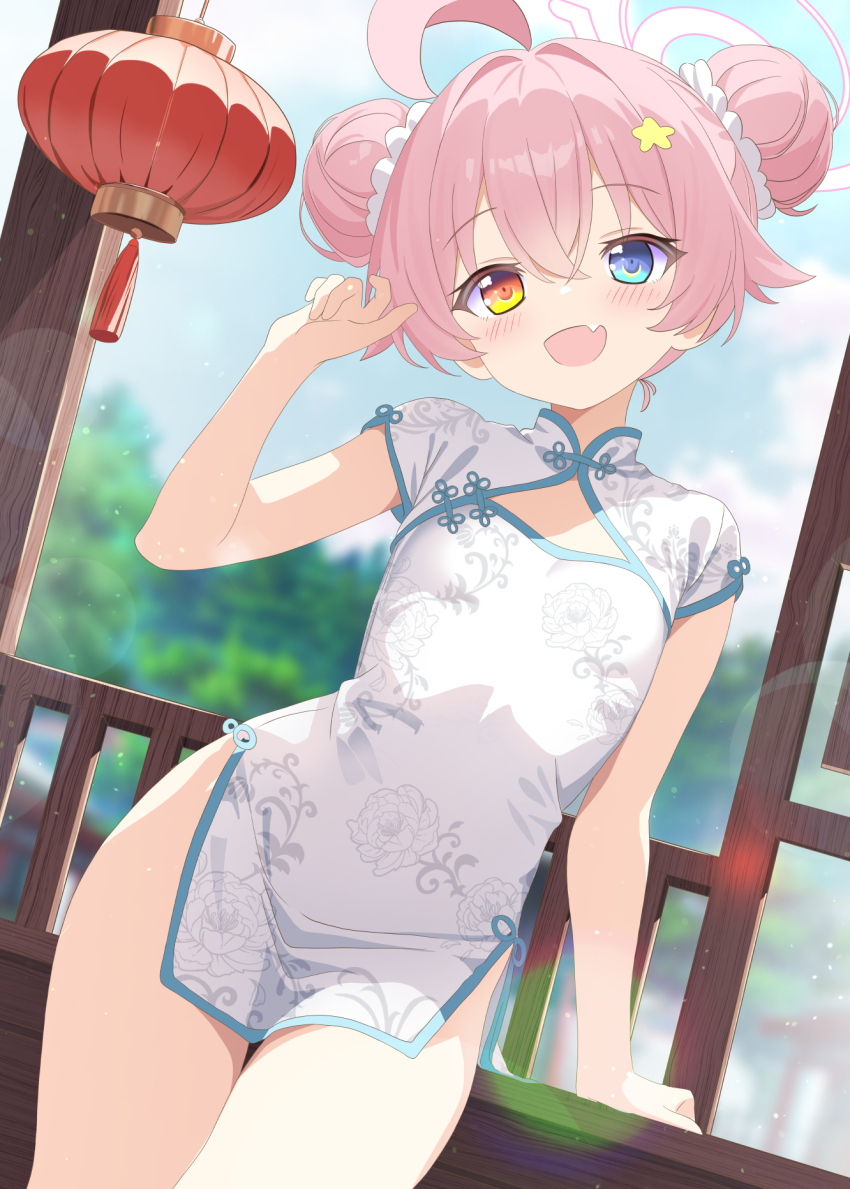 1girl ahoge aruka_(alka_p1) blue_archive blue_eyes blush china_dress chinese_clothes double_bun dress fang hair_between_eyes hair_bun halo heterochromia highres hoshino_(blue_archive) hoshino_(flowery_charms)_(blue_archive) huge_ahoge loli mahjong_soul pink_hair short_sleeves smile white_dress yellow_eyes