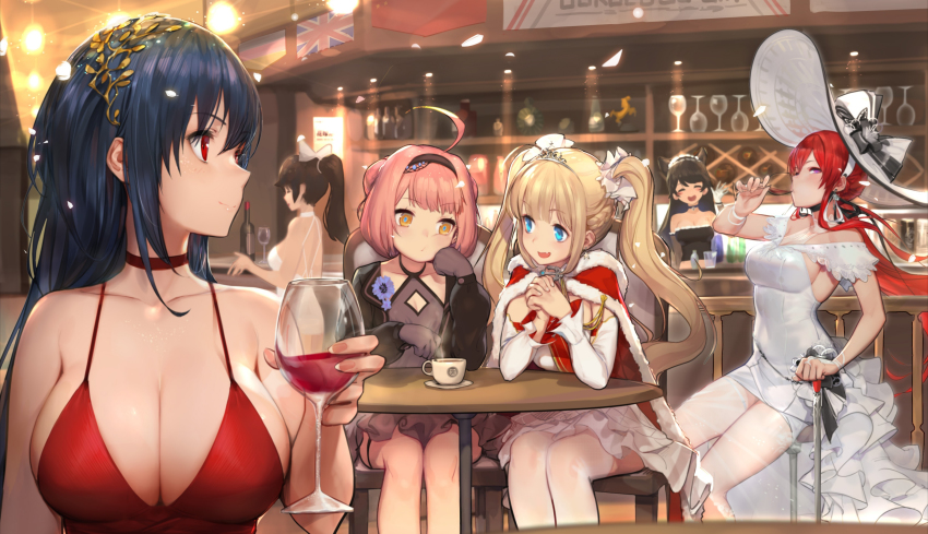 6+girls absurdres ahoge alcohol amazon_(azur_lane) amazon_(little_orchestra)_(azur_lane) animal_ears atago_(azur_lane) azur_lane bare_legs bare_shoulders black_dress black_gloves black_hair blonde_hair blue_eyes blush bonet bow breasts bridal_gauntlets choker cleavage closed_eyes closed_mouth cocktail_dress cup detexted dress drinking drinking_glass earrings fang gloves gorgeous_mushroom hair_between_eyes hair_flaps hair_ornament hair_ribbon halterneck hat hat_bow headband highres jewelry large_breasts long_hair looking_at_viewer low_ponytail maid_headdress monarch_(azur_lane) monarch_(white_warrick)_(azur_lane) multiple_girls official_alternate_costume official_art open_mouth pink_hair ponytail red_choker red_dress red_eyes red_hair ribbon sidelocks sitting smile star_(symbol) star_earrings sun_hat taihou_(azur_lane) taihou_(forbidden_fruit)_(azur_lane) takao_(azur_lane) thighhighs thighlet third-party_edit twintails u-81_(azur_lane) u-81_(soft_serenade)_(azur_lane) white_bow white_dress white_legwear wine wine_glass yellow_eyes