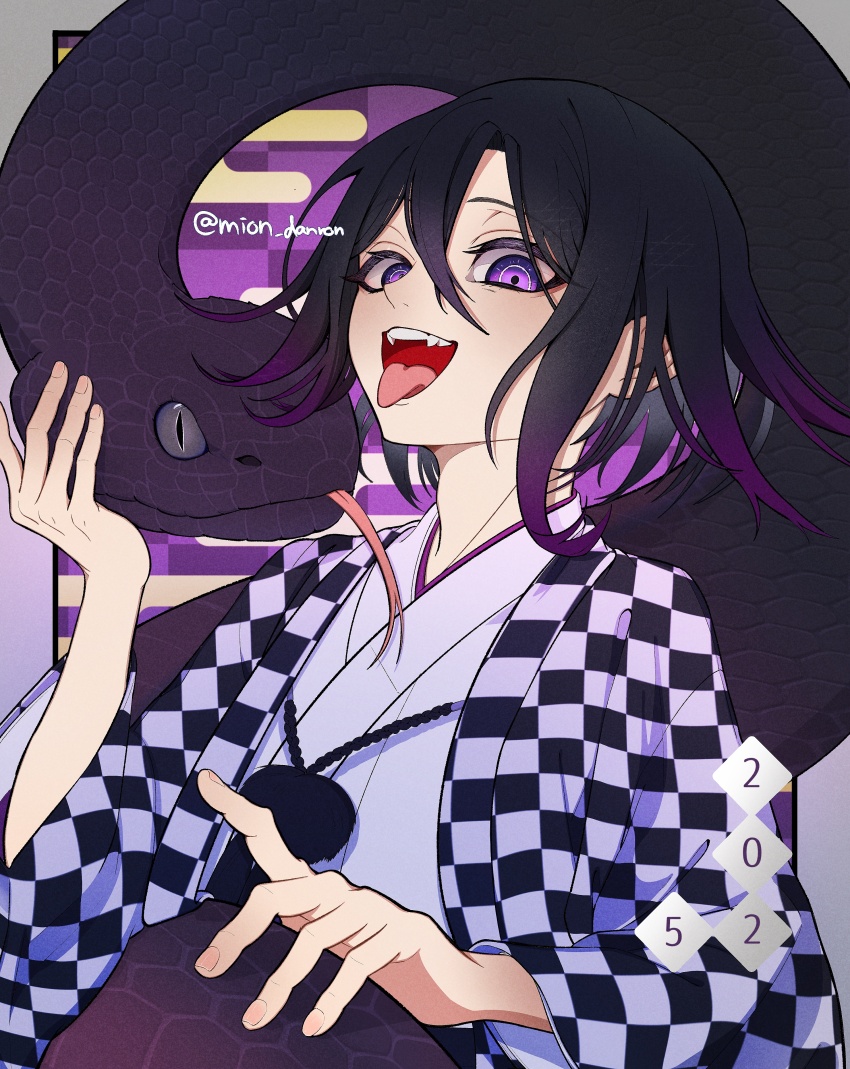 1boy 2025 absurdres animal bishounen black_hair black_snake checkered_clothes checkered_haori chinese_zodiac danganronpa_(series) danganronpa_v3:_killing_harmony eyelashes fangs flipped_hair giant_snake hair_between_eyes haori highres japanese_clothes long_sleeves looking_at_viewer male_focus mion_danron new_year oma_kokichi open_mouth oversized_animal purple_eyes purple_hair ringed_eyes simple_background slit_pupils snake snake_wrapped_around_body solo teeth tongue tongue_out twitter_username upper_body year_of_the_snake