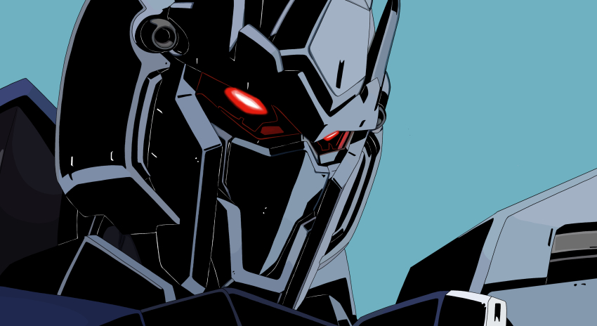 absurdres blue_background commentary_request delta_plus glowing glowing_eyes gun gundam gundam_unicorn highres looking_to_the_side machine_gun machinery mecha mecha_focus mobile_suit natesuke no_humans red_eyes robot science_fiction upper_body weapon