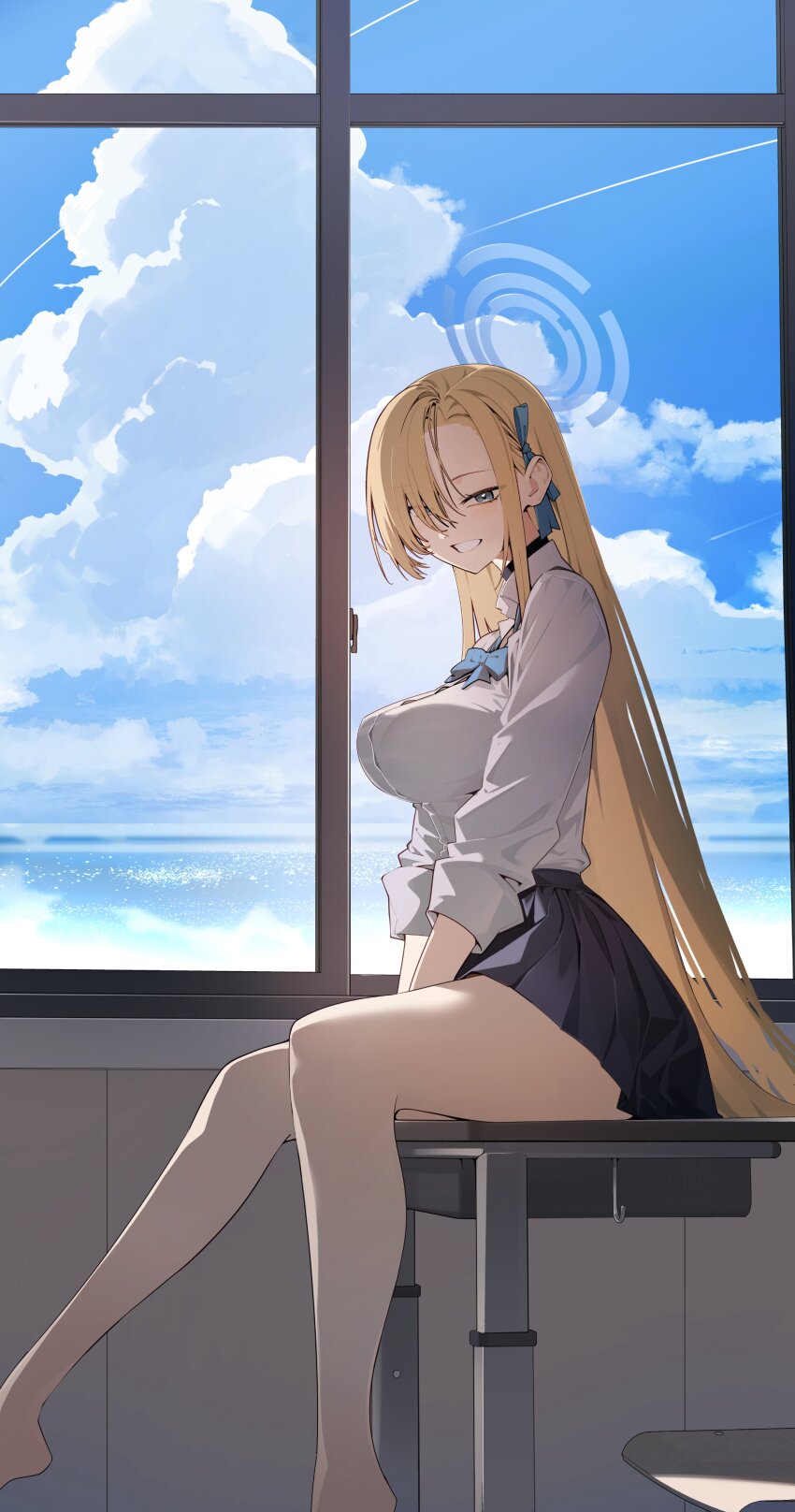 1girl absurdres asuna_(blue_archive) asuna_(school_uniform)_(blue_archive) asymmetrical_bangs barefoot black_choker blonde_hair blue_archive blue_bow blue_bowtie blue_hair blue_halo blue_sky bow bowtie breasts chair choker cloud collared_shirt contrail desk dress_shirt from_side grin hair_over_one_eye halo hashtag-only_commentary highres indoors large_breasts long_hair looking_at_viewer miniskirt ocean on_desk pleated_skirt school_desk school_uniform shirt shirt_tucked_in sitting skirt sky smile sogumi solo very_long_hair water white_shirt window