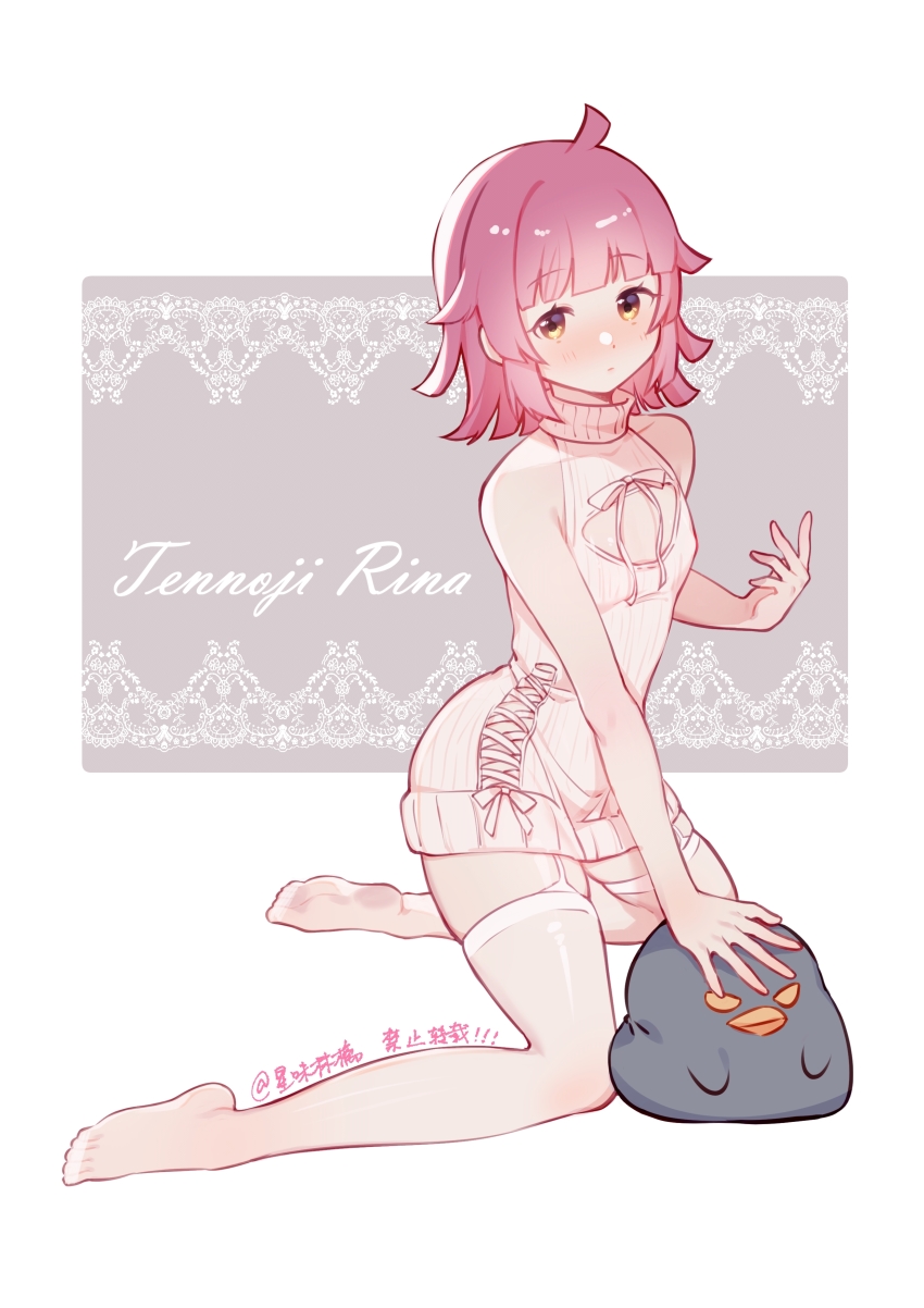 1girl absurdres ahoge arm_support bird blunt_bangs blunt_ends blush character_name chinese_commentary cleavage_cutout clothing_cutout commentary_request cross-laced_sweater dot_nose expressionless flat_chest full_body garter_straps hand_up highres holding holding_paper kneeling legs looking_at_viewer love_live! love_live!_nijigasaki_high_school_idol_club meme_attire no_shoes paper penguin pink_hair rina-chan_board short_hair sidelocks sleeveless sleeveless_sweater solo starringooo stuffed_toy sweater tennoji_rina thighhighs thighs virgin_killer_sweater wavy_mouth white_background white_sweater white_thighhighs yellow_eyes