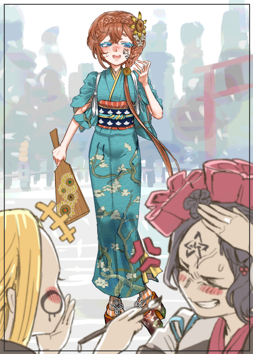 3girls abigail_williams_(fate) absurdres anger_vein black_hair blonde_hair blue_eyes blue_kimono blush brown_hair closed_eyes commentary fate/grand_order fate_(series) floral_print floral_print_kimono forced_smile full_body grin highres holding holding_paintbrush ink japanese_clothes katsushika_hokusai_(fate) kimono multiple_girls nose_blush open_mouth paintbrush print_kimono sandals smile suichoku_(suityoku_conpas) sweat van_gogh_(fate)