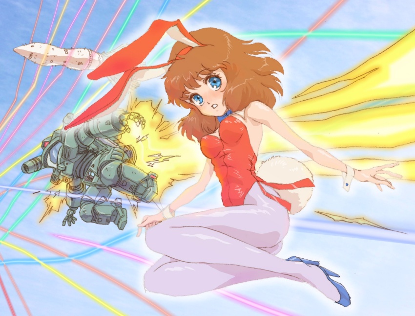 1girl animal_ears artist_request blue_eyes brown_hair rabbit_ears daicon daicon_bunny_girl daicon_iv fake_animal_ears high_heels highres playboy_bunny starship_troopers wrist_cuffs