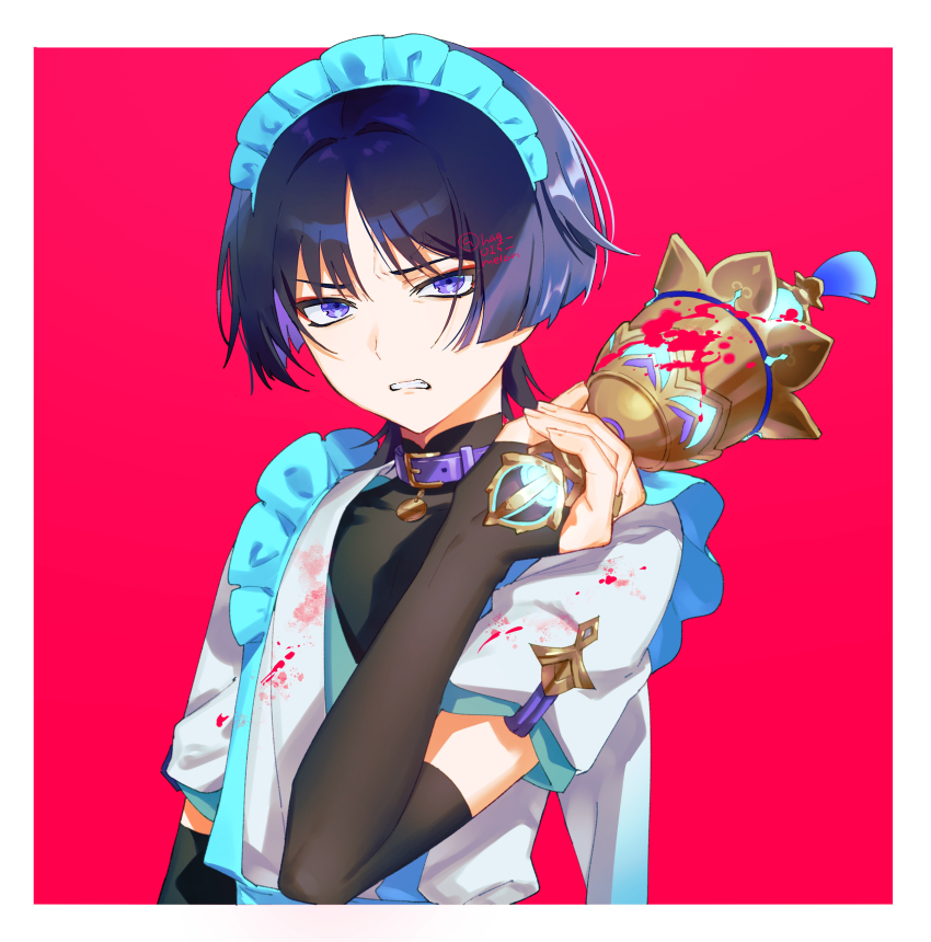 1boy absurdres alternate_costume apron arm_at_side bell belt belt_buckle belt_collar black_bodysuit black_bridal_gauntlets black_hair blood blood_on_clothes blood_on_hands blue_apron blue_hairband blue_kimono blunt_ends bodysuit border bridal_gauntlets buckle clenched_teeth collar colored_inner_hair crossdressing crossdressing_(mtf) disgust enmaided eyelashes eyeliner eyeshadow fingernails frilled_apron frilled_hairband frills frown furisode furrowed_brow genshin_impact gold gold_buckle hag_(hag_015) hairband hand_up highres holding holding_bell holding_weapon japanese_clothes juban kimono looking_at_viewer maid makeup male_focus male_maid mandarin_collar multicolored_hair purple_belt purple_collar purple_eyes purple_hair red_background red_eyeliner red_eyeshadow scaramouche_(genshin_impact) solo tassel teeth tsurime tulaytullah&#039;s_remembrance_(genshin_impact) twitter_username upper_body waist_apron wanderer_(genshin_impact) weapon white_border white_kimono