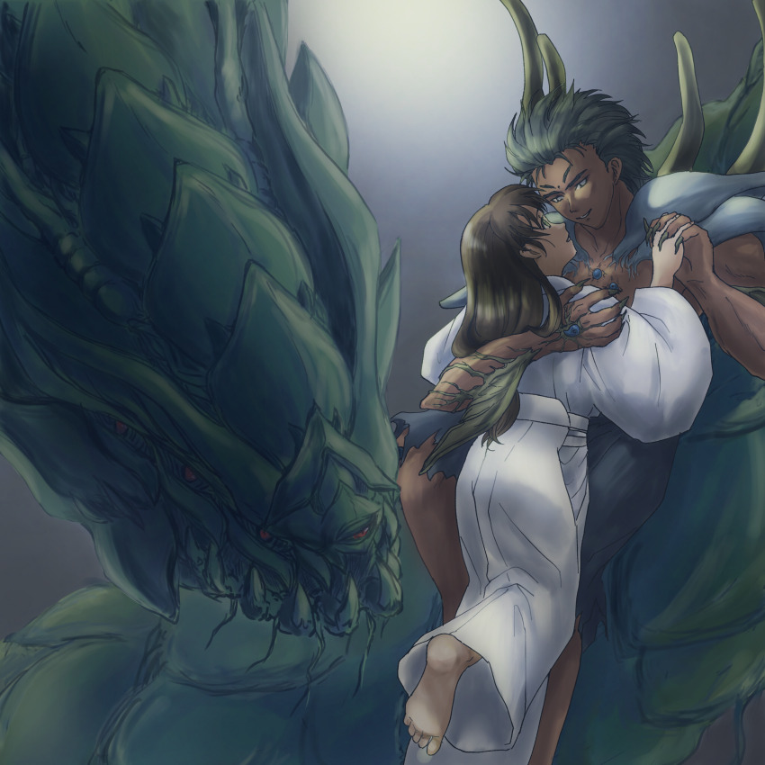 1boy 1girl absurdres barefoot bindi blue_seed brown_hair couple dark-skinned_male dark_skin eye_contact facial_mark forehead_mark fujimiya_momiji green_hair highres japanese_clothes kimono kusanagi_mamoru long_hair looking_at_another magatama okabou short_hair white_kimono yamata_no_orochi