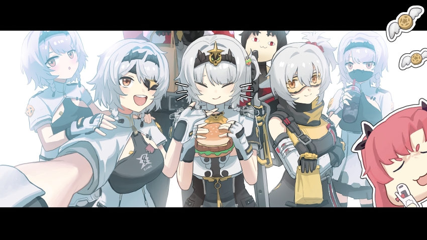 1boy 6+girls ^_^ absurdres anby_demara anby_demara_(silver_soldier) billy_kid black_gloves black_hairband braided_sidelocks burger burger_hair_ornament chen_qixing clone closed_eyes crossed_arms cup disposable_cup eating eyepatch fingerless_gloves food food-themed_hair_ornament gloves goggles grey_hair hair_ornament hairband highres holding holding_burger holding_cup holding_food mask medium_hair multiple_girls nekomiya_mana nicole_demara official_alternate_costume one_eye_covered open_mouth orange-tinted_eyewear siblings sisters smile soldier_11_(zenless_zone_zero) tinted_eyewear twiggy_(zenless_zone_zero) white_gloves zenless_zone_zero