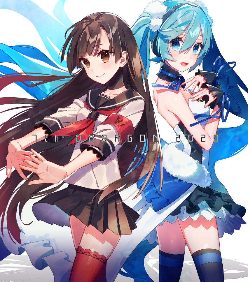 2girls 7th_dragon_(series) 7th_dragon_2020 :d absurdres aqua_eyes aqua_hair armband back-to-back bare_shoulders black_choker black_legwear black_sailor_collar black_skirt blue_ribbon blunt_bangs breasts brown_eyes brown_hair choker closed_mouth collarbone commentary_request copyright_name cowboy_shot dress hair_between_eyes hands_on_own_chest hatsune_miku hazuki_mizuho headphones highres interlocked_fingers katanako long_hair looking_at_viewer multiple_girls neckerchief open_mouth own_hands_together pom_pom_(clothes) red_legwear red_neckerchief ribbon ribbon_choker romaji_text sailor_collar samurai_(7th_dragon) samurai_(7th_dragon) school_uniform serafuku shadow short_sleeves sidelocks simple_background skindentation skirt sleeveless small_breasts smile standing strapless strapless_dress thighhighs twintails very_long_hair vocaloid waist_cape white_background white_dress wrist_wrap zettai_ryouiki