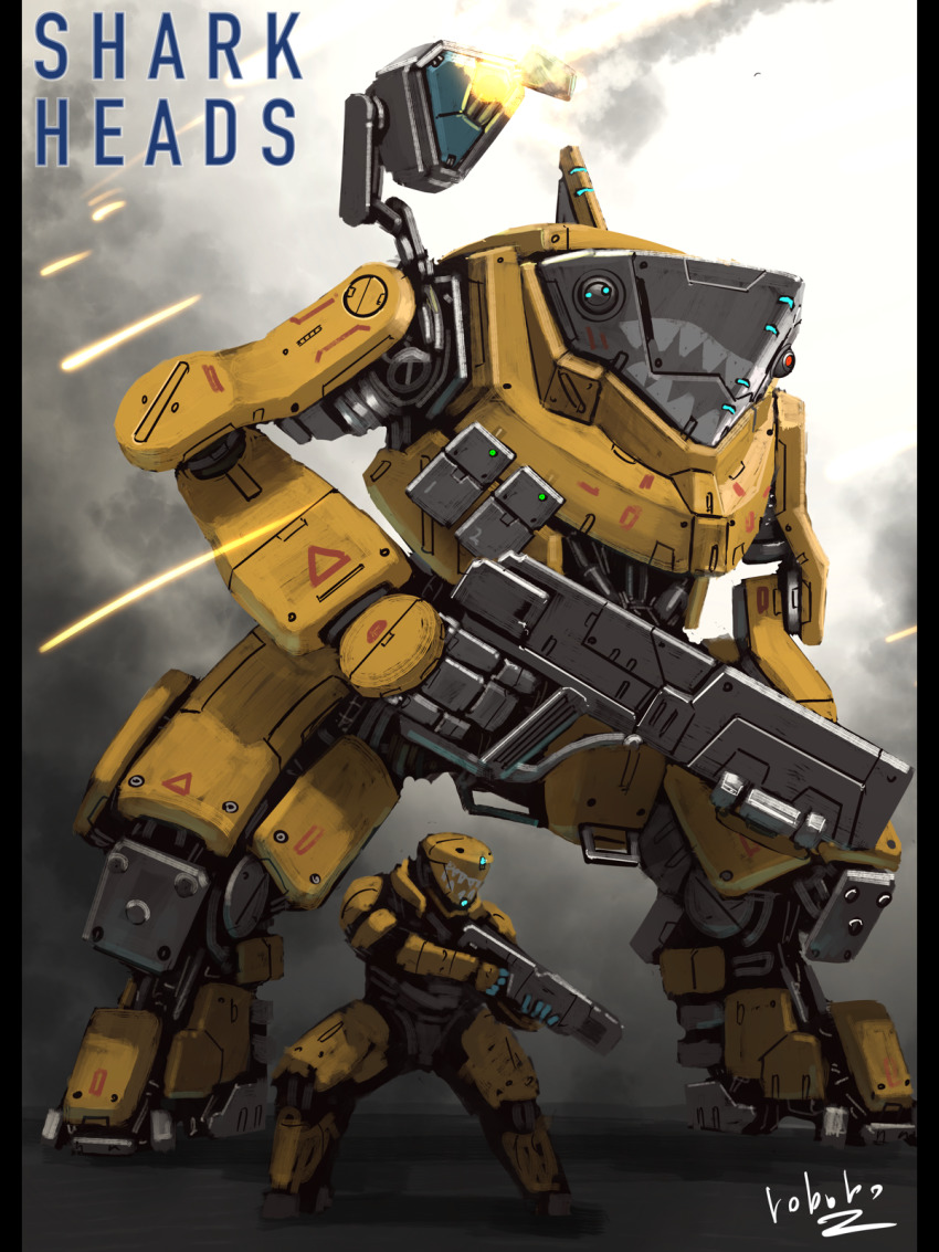 armor beam_rifle bottoms1237 character_name commentary_request energy_cannon energy_gun english_text firing highres launching machinery mecha missile missile_pod nose_art original robot science_fiction shark shark_nose_art signature smoke soldier weapon